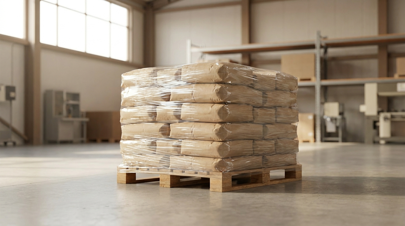 Shrink-wrapped pallet of wood fuel pellet sacks