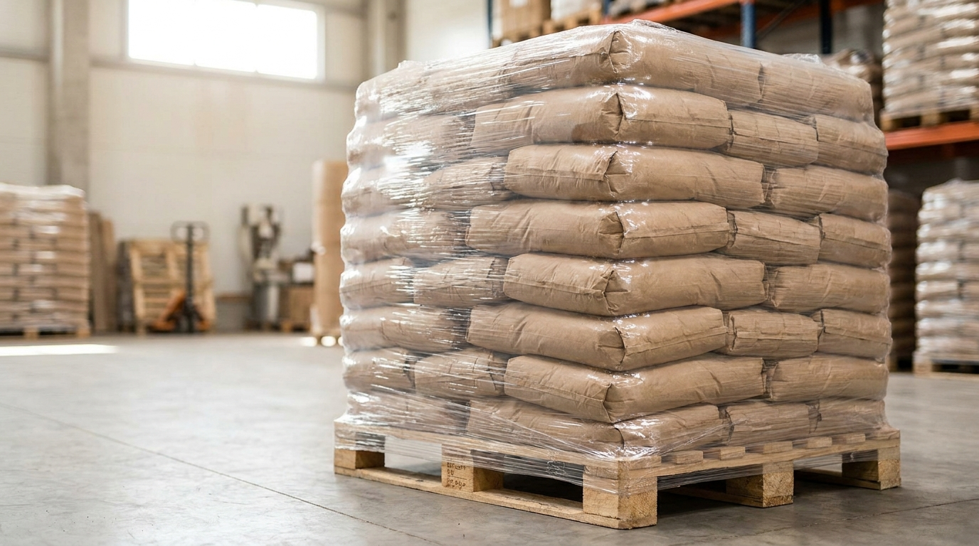 Pallet of wood pellet sacks in a warehouse — wholesale hardwood pellets by the tonne