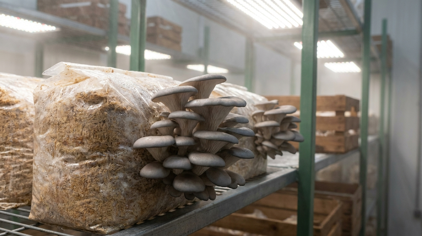 Oyster mushrooms fruiting from hardwood sawdust substrate